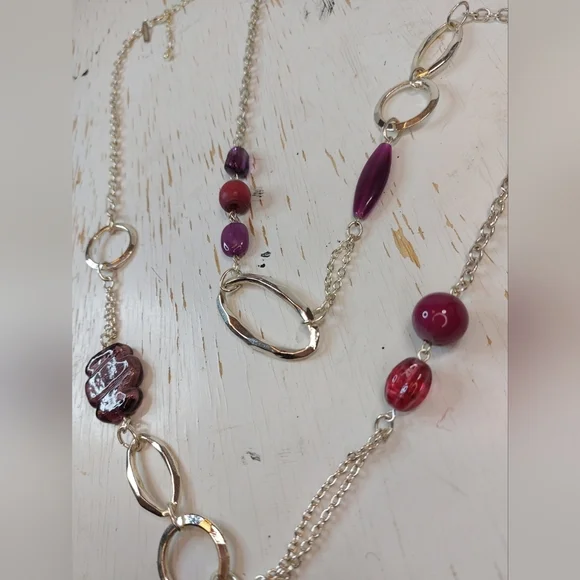 x Lane Bryant Silver and Purple Long Necklace Glass Beads Jewelry Accessory Boho - Picture 2 of 6